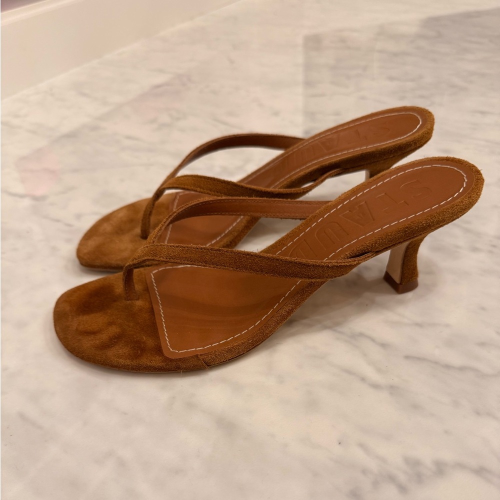 STAUD Tan Suede Heeled Sandals